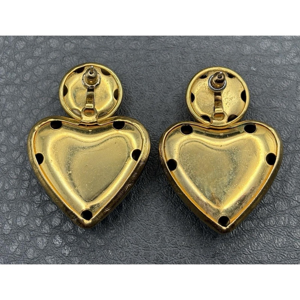 Vintage 80s Large Puffy Heart Earrings Textured Gold Tone Retro Pierced Runway - Picture 6 of 8